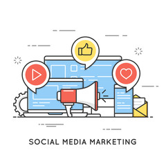 Social media marketing, SMM, network communication, internet advertising. Editable stroke.