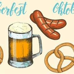 Hand drawn Oktoberfest seamless pattern. Decorative seamless background with hand drawn beer, pretzel, sausage and hand made lettering. Design for wallpaper, web page background, surface textures.