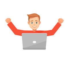 Euphoric winner working with laptop on a desk winning at home.male character celebrating, hands up.vector illustration isolated from background.young man doing a winner gesture