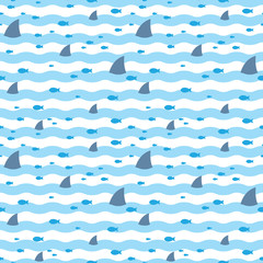 Pattern fins sharks and fish floating in blue sea. Sharks and fish swims in sea