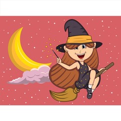 Halloween background with witches flying using broom stick cartoon