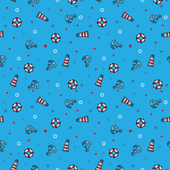 Pattern sea lighthouse, lifebuoy and anchor on blue background