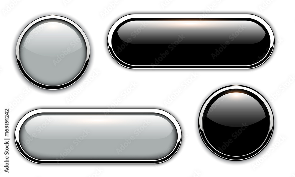 Poster glossy buttons with metallic, chrome elements, black and grey
