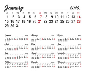 Calendar. 2018 Calendar. Vector print template.
