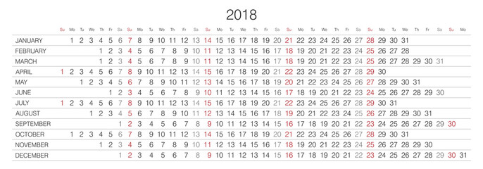 Calendar. 2018 Calendar. Vector print template.
