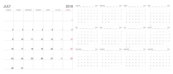 Calendar. 2018 Calendar. Vector print template.