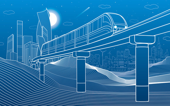 Monorail in mountains. Transportation illustration. Tower and skyscrapers, modern city, business buildings. Night scene. White lines on blue background . Vector design art
