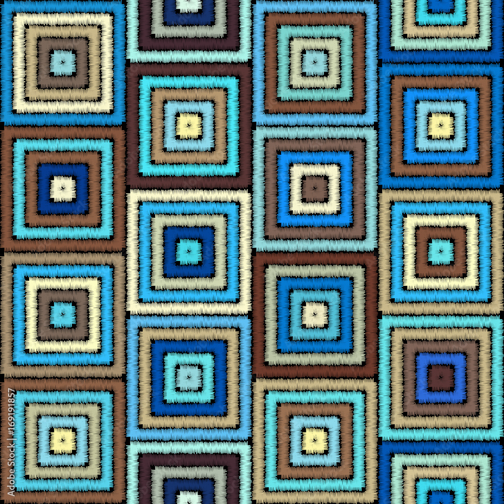 Poster imitation of geometric embroidery pattern. colored lines on a black background. ethnic and tribal mo