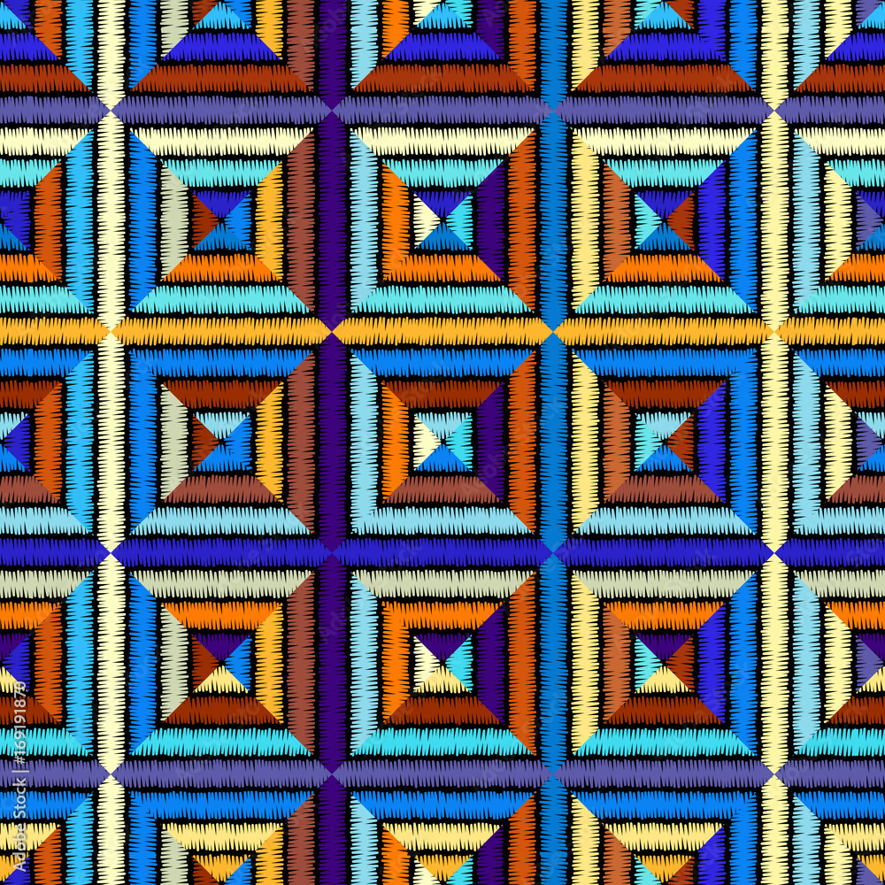 Poster imitation of geometric embroidery pattern. colored lines on a black background. ethnic and tribal mo