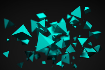 3D Rendering Of Bunch Of Reflective Blue Pyramids On Dark Background Closeup With Shallow Depth Of Field
