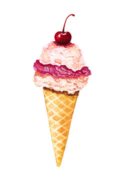 Watercolor ice cream with cherry in waffle cone