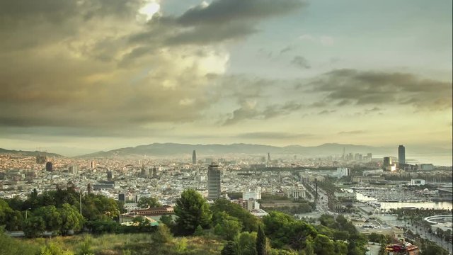 Early morning timelapse from Montjuic mountain in Barcelona, Spain.