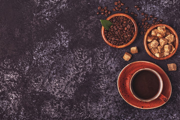 Obraz na płótnie Canvas Coffee cup, beans, ground powder and sugar.