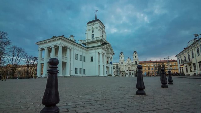 Motorized timelapse of the City Hall of Minsk on the sunset, Belarus.