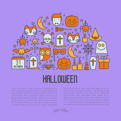 Cartoon Halloween concept in half circle with thin line icons: vampire, bat, pumpkin. Vector illustration for invitation card, party announcement.