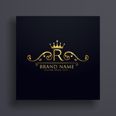 letter R logo with golden crown and floral decoration