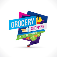 Vector illustration of grocery shopping banner with various goods.