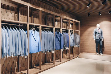 Hangers with business suits in a row in the interior of a business suit shop and expensive premium clothes.