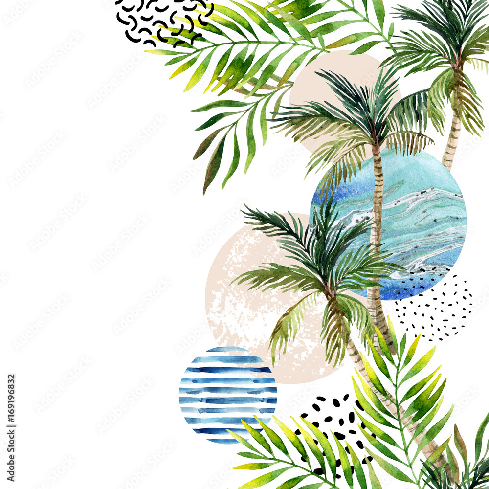 Sticker abstract summer tropical palm tree background.