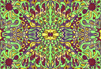 Ethnic ornament seamless pattern inspired by fusion of Ukrainian, Indian and Mexican traditional motifs, green colors felt-tip pens doodle drawing