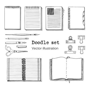 Vector Set of Sketch Notebooks, Notepads and Diaries. Office stuff set. Hand drawing sketch vector illustration. Cool design elements for infographic, web design, background. School