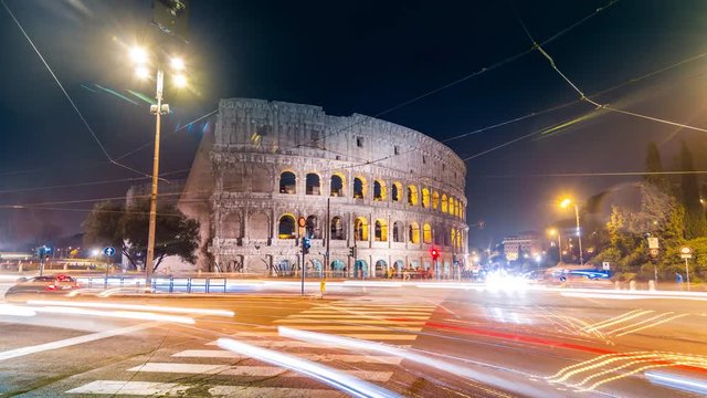 Night city traffic Timelapse of famous ancient Colosseum Amphitheater. Rome, Italy. April, 2016.