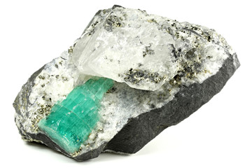 emerald nestled in bedrock found in Chivor/ Colombia - obrazy, fototapety, plakaty