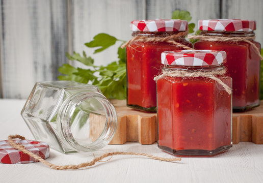 An empty jar for a tomato suce