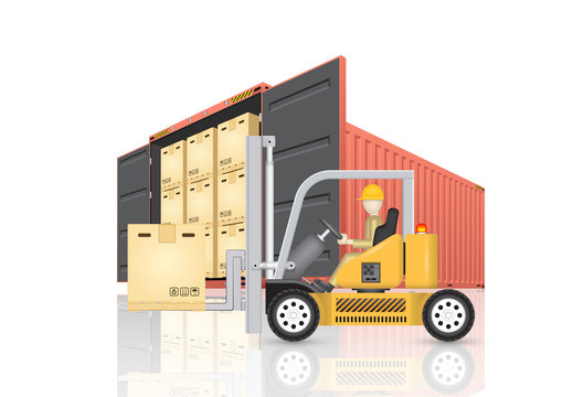 Vector of operator, driver or worker to handling box on pallet into storage or cargo container by forklift, equipment for logistic, shipping and delivery. Freight transport and distribution industry.