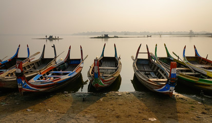 Wooden boats on lake in Mandalay, Myanmar