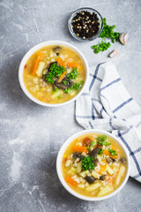 Two portions of healthy vegetable, mushroom, barley soup on concrete background. Top view, space for text.
