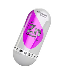 Mineral Zn zincum pink shining pill capsule icon . Mineral Vitamin complex with Chemical formula . 3d illustration