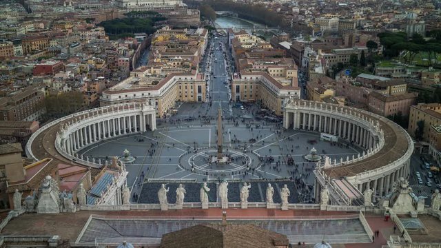 Close-up aerial view timelapse of the Saint Peter's square from Dome. Vatican, Rome, Italy. April, 2016.