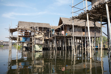 Traditional wooden stilt houses on the Lake Inle Myanmar