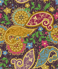 Abstract vintage pattern with decorative flowers, leaves and Paisley pattern in Oriental style.