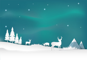 Obraz na płótnie Canvas Deer with aurora background. Christmas season paper art style illustration.