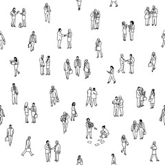 Seamless pattern of tiny business people: a diverse collection of small hand drawn men and women in business suits, small office workers walking through the city  - 169207075