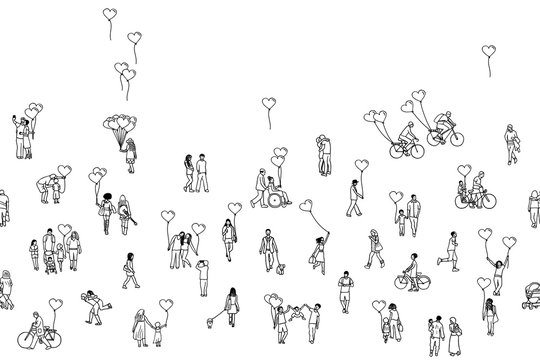 Love is all around - illustration of tiny people holding heart shaped balloons. Diverse collection of small hand drawn men, women and kids in black & white. Seamless banner, can be tiled horizontally