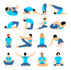 Fototapeta na wymiar Several yoga poses vector silhouette illustration isolated on white background. Young woman and man exercises yoga. Zen, mantra, wellness.