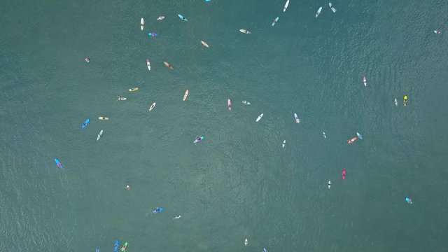 Aerial top down beginners surfers learning to surf with big surfboards and longboards at sunny cangue surf spot