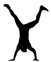 Young man doing cartwheel. Sportsman in handstand position vector silhouette illustration. Standing on hand pose. 