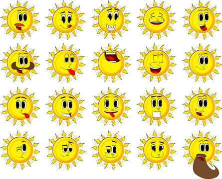 Cartoon sun collection with happy faces. Expressions vector set.