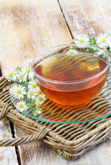 Chamomile tea in transparent cup with fresh chamomile flowers with copy space
