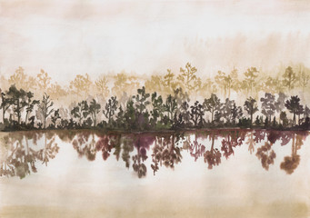 Hand drawn watercolor landscape of forest and reflection in the water. Illustration
