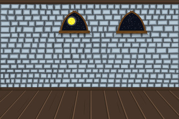 Empty room. Wall of brick, Windows, floor. The dungeon of the castle. Halloween. Cartoon. Vector. - 169211034