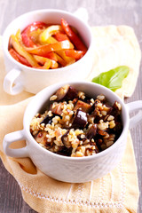 Bulgur with aubergine and pepper salads