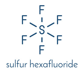 sulfur hexafluoride gas insulator molecule. Microbubbles are used as contrast agent for ultrasound imaging. Potent greenhouse gas. Skeletal formula.