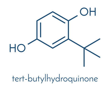 TBHQ (tert-Butylhydroquinone) antioxidant preservative molecule. Skeletal formula.