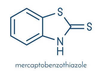 Mercaptobenzothiazole (MBT) skin sensitizer molecule. Used as rubber vulcanising agent. Skeletal formula.