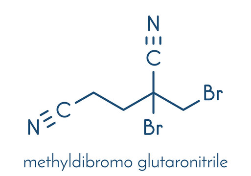 Methyldibromo glutaronitrile preservative molecule. Common allergen causing allergic contact dermatitis. Skeletal formula.